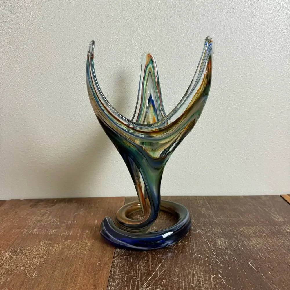 MCM Vintage Blue Green Murano‎ Style Stretched Serpentine Vase Blown Art Glass - Picture 2 of 9